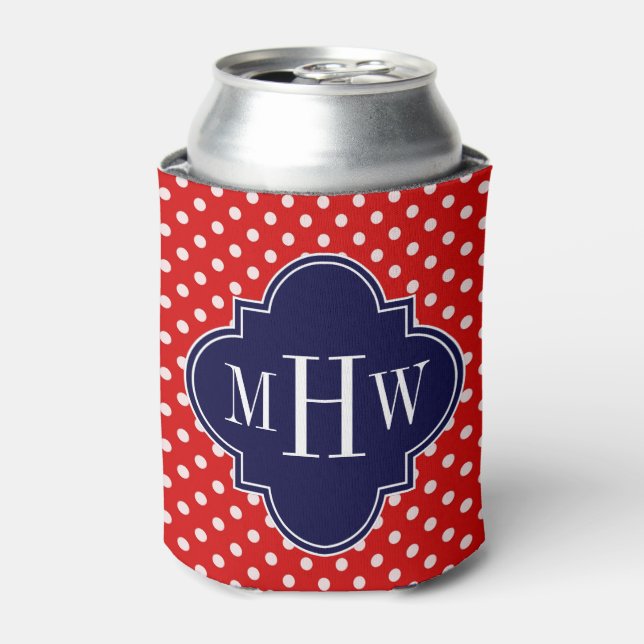 Red White Polka Dot Navy Quatrefoil 3 Monogram Can Cooler (Can Front)