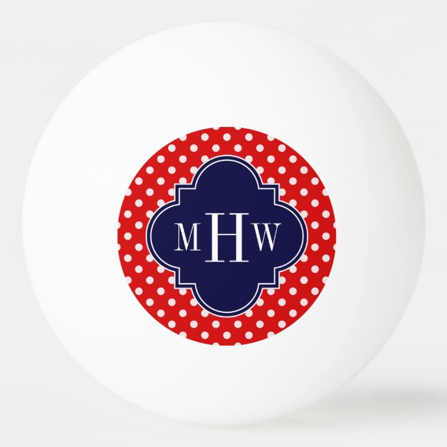 Red White Polka Dot Navy Quatrefoil 3 Monogram Ping-Pong Ball (Front)
