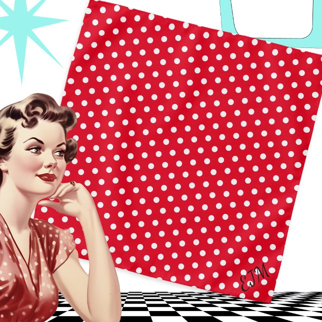 Red White Polka Dot Patterned Retro Monogrammed Bandana (A red and white polka dot bandana, personalized with a monogram in stylish lettering)