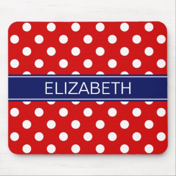 Red White Polka Dots #2 Navy Name Monogram Mouse Pad by FantabulousCases at Zazzle