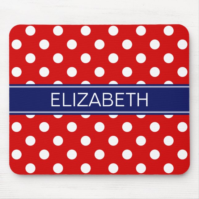 Red White Polka Dots #2 Navy Name Monogram Mouse Pad (Front)