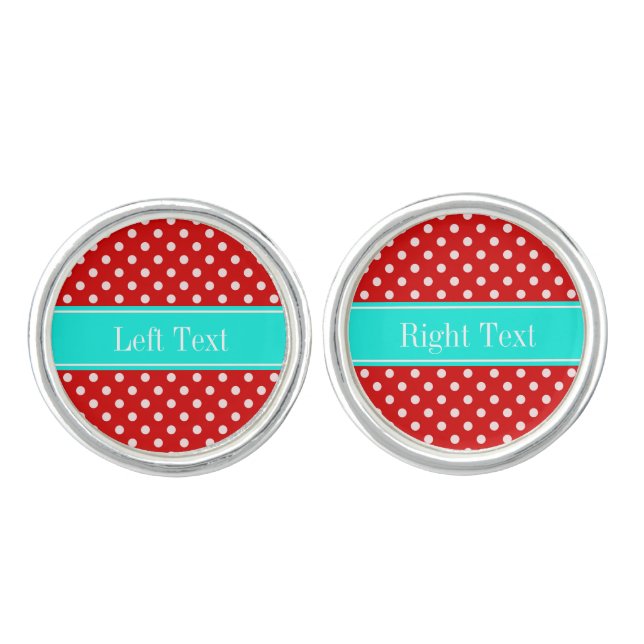 Red White Polka Dots Bright Aqua Name Monogram Cufflinks (Front)