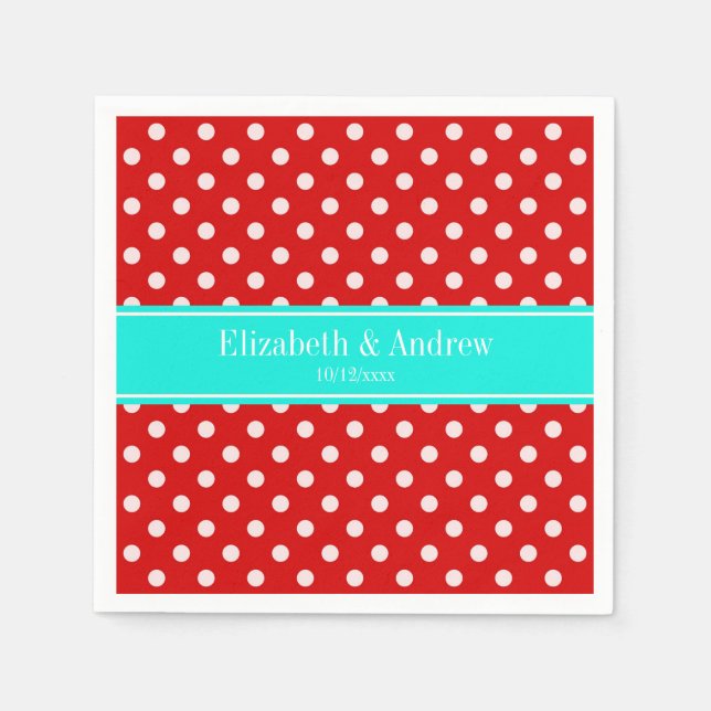 Red White Polka Dots Bright Aqua Name Monogram Paper Napkins (Front)