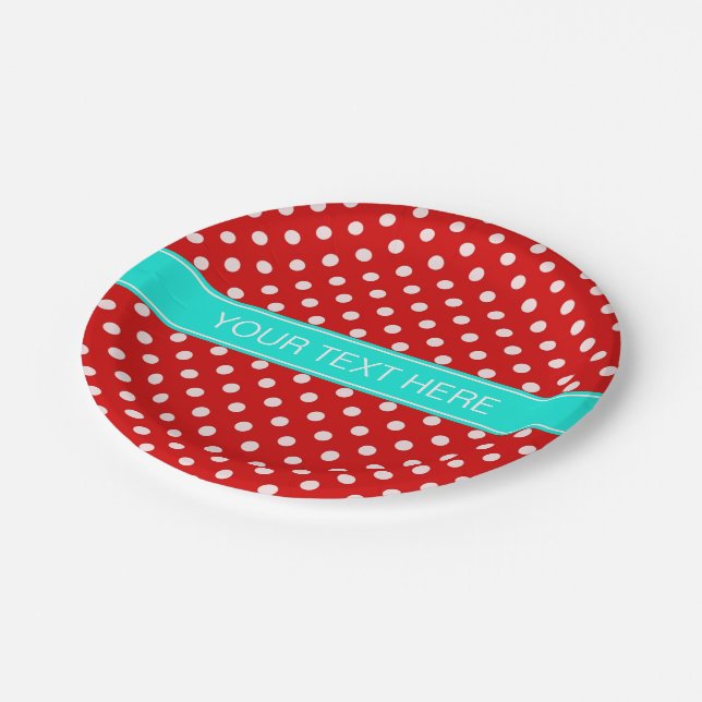 Red White Polka Dots Bright Aqua Ribbon Monogram Paper Plates (Angled)
