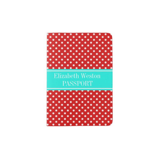Red White Polka Dots Bright Aqua Ribbon Monogram Passport Holder (Front)