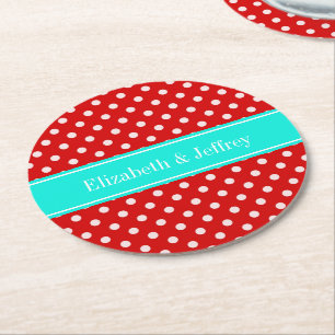 Red White Polka Dots Bright Aqua Ribbon Monogram Round Paper Coaster
