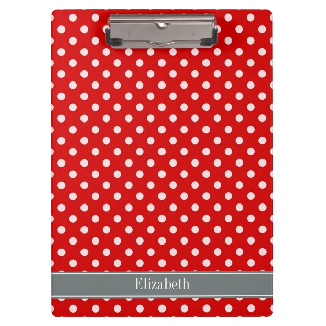 Red White Polka Dots Charcoal Ribbon Monogram Clipboard (Front)