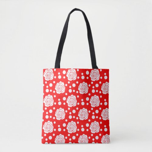 Red White Polka Dots Floral Illustration Design Tote Bag