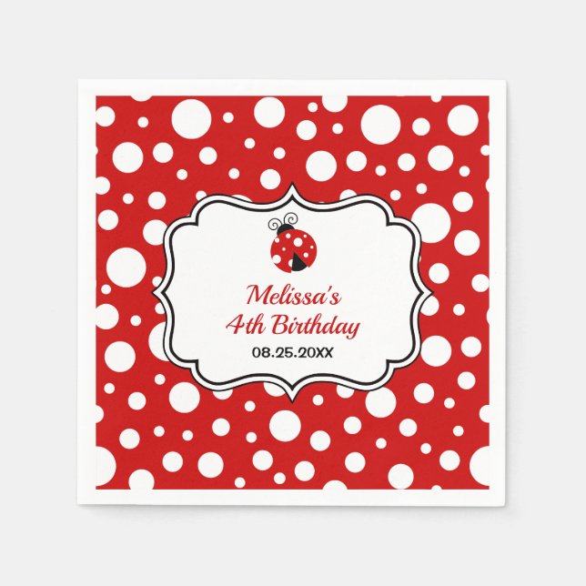 Red White Polka Dots Ladybug Frame Kids Birthday  Napkins (Front)