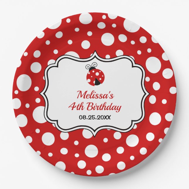 Red White Polka Dots Ladybug Frame Kids Birthday  Paper Plates (Front)