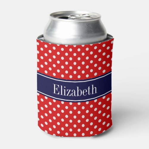 Red White Polka Dots Navy Blue Ribbon Monogram Can Cooler