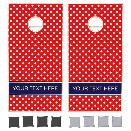 Red White Polka Dots Navy Blue Ribbon Monogram Cornhole Set