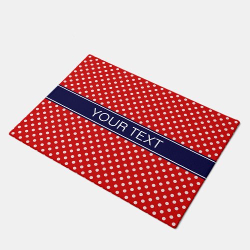 Red White Polka Dots Navy Blue Ribbon Monogram Doormat