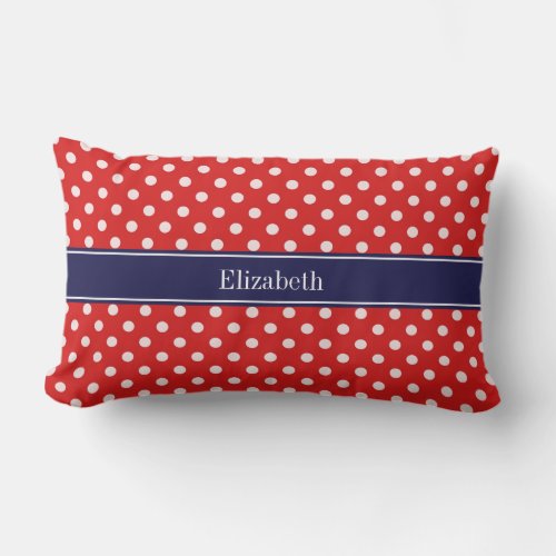 Red White Polka Dots Navy Blue Ribbon Monogram Lumbar Pillow