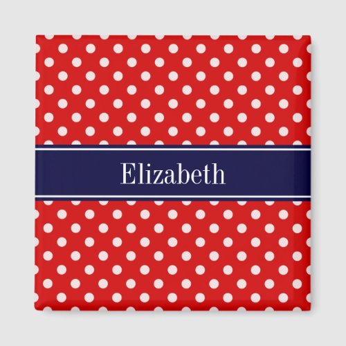 Red White Polka Dots Navy Blue Ribbon Monogram Magnet