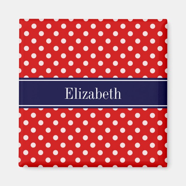 Red White Polka Dots Navy Blue Ribbon Monogram Magnet (Front)