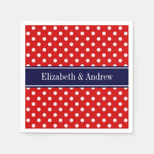 Red White Polka Dots Navy Blue Ribbon Monogram Paper Napkins