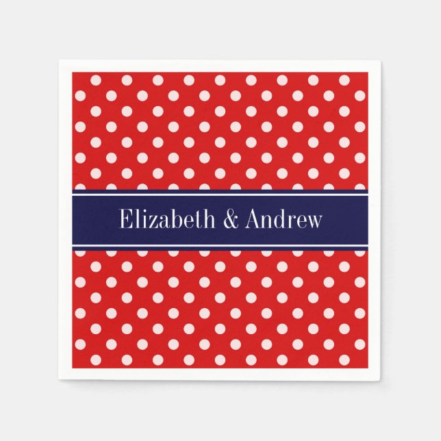 Red White Polka Dots Navy Blue Ribbon Monogram Paper Napkins (Front)