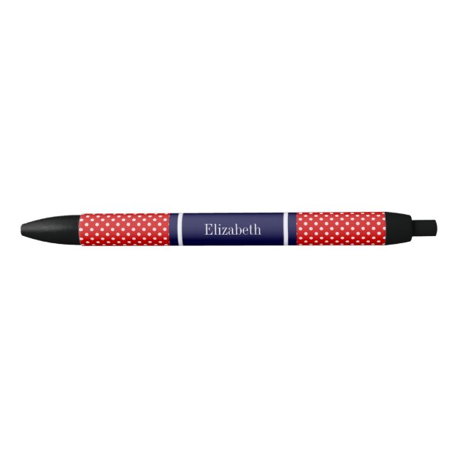 Red White Polka Dots Navy Blue Ribbon Monogram Pen (Front)