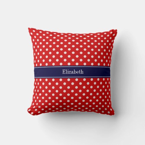 Red White Polka Dots Navy Blue Ribbon Monogram Throw Pillow