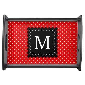 Red White Polka Dots Pattern Black Monogram Design Serving Tray