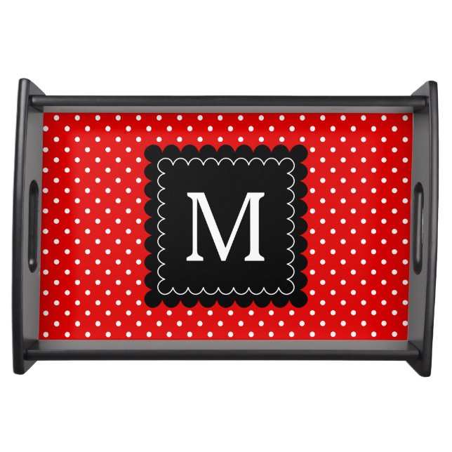 Red White Polka Dots Pattern Black Monogram Design Serving Tray (Front)