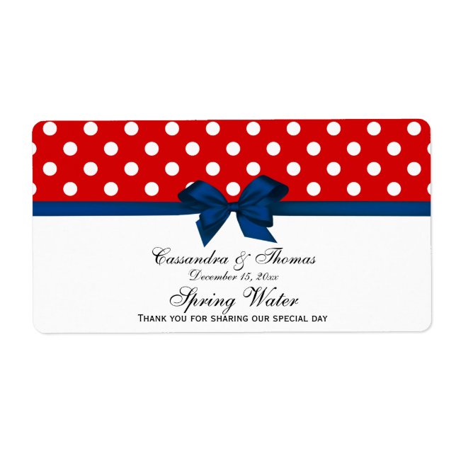 Red, White Polka Dots Water Label, Navy Bow Label (Front)