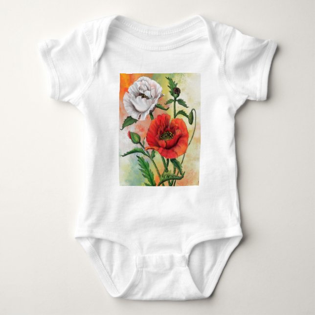 Red White Poppies Baby Bodysuit (Front)
