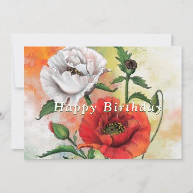 Red White Poppies Birthday Card (Front)