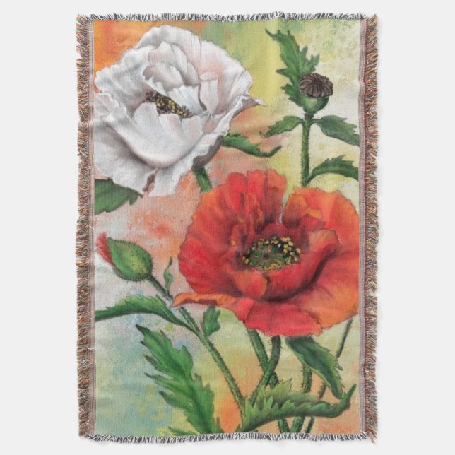 Red White Poppies Throw Blanket (Front Vertical)
