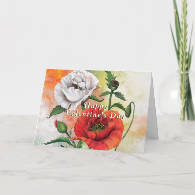 Red White Poppies Valentine's Day Card (Front)
