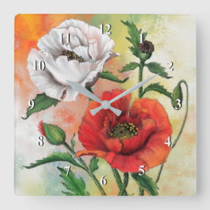 Red White Poppies Wall Clock