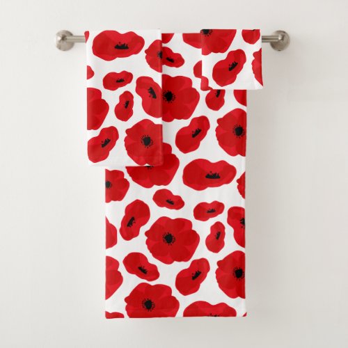 Red white poppy seamless roses pattern bath towel set
