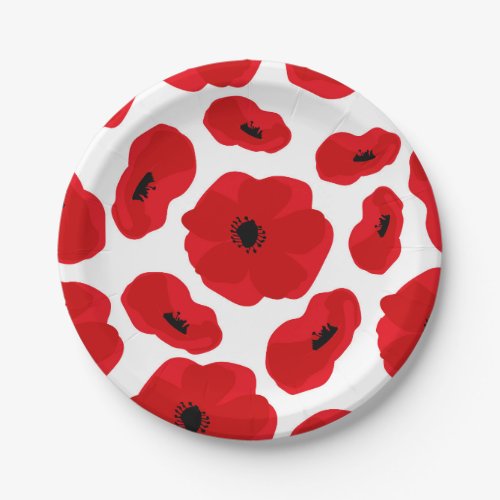 Red white poppy seamless roses pattern paper plates