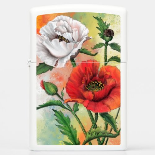 Red White Poppy Zippo Lighter _ Painting