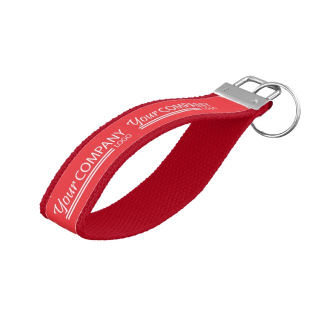 Red, White Promotional with Company Logo  Wrist Keychain (Angled Up)