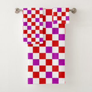 Red White Purple Checkered Pattern Design  Bath Towel Set