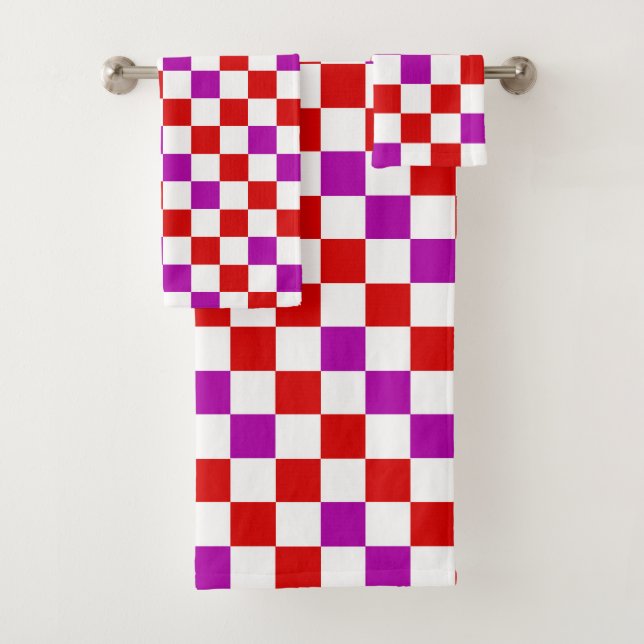 Red White Purple Checkered Pattern Design  Bath Towel Set (Insitu)
