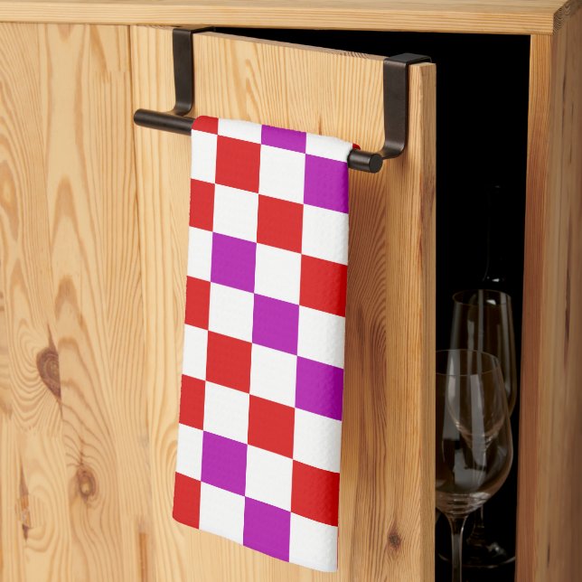 Red White Purple Checkered Pattern Design  Kitchen Towel (Thirds Fold)