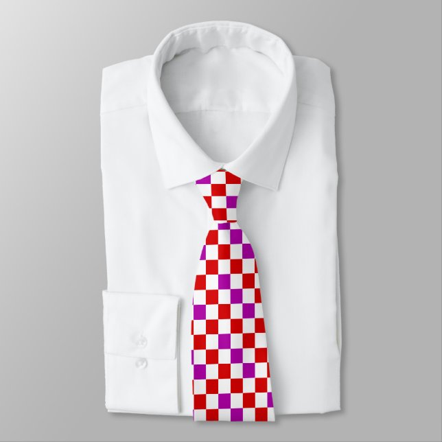 Red White Purple Checkered Pattern Design  Neck Tie (Tied)
