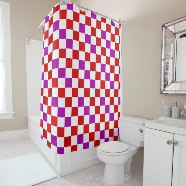 Red White Purple Checkered Pattern Design  Shower Curtain (In Situ)