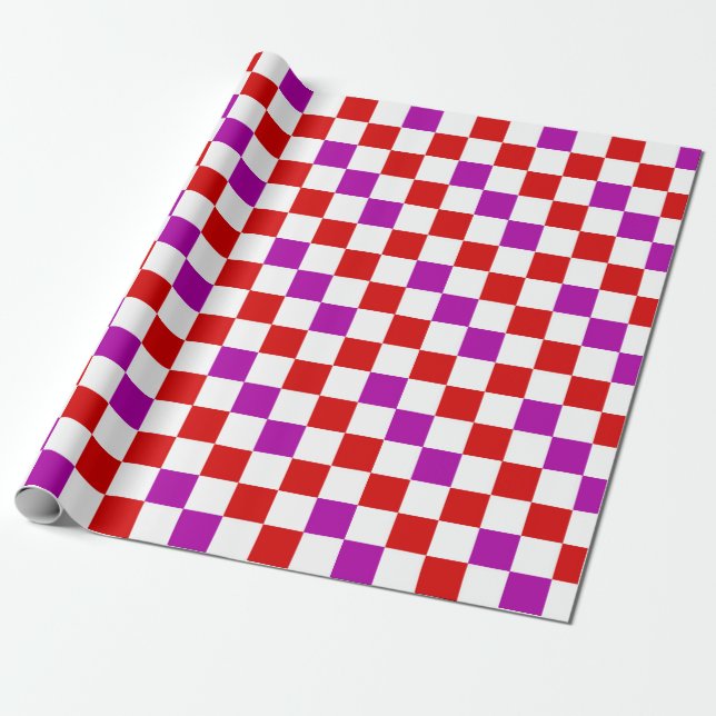 Red White Purple Checkered Pattern Design  Wrapping Paper (Unrolled)