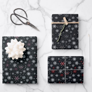 Red White Purple Snowflakes Black Christmas Wrapping Paper Sheets