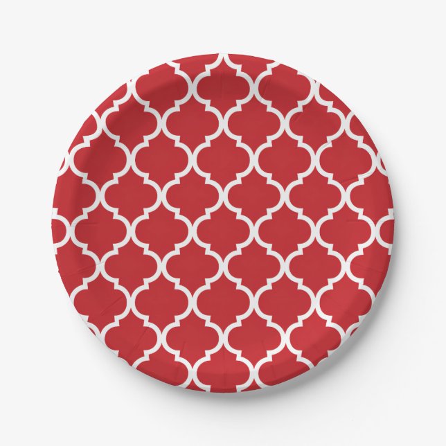 Red White Quatrefoil Paper Plates (Front)