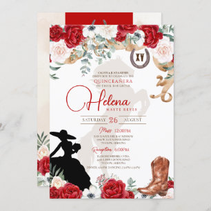 Red White Quinceanera Roses Rustic Fancy Charro Invitation