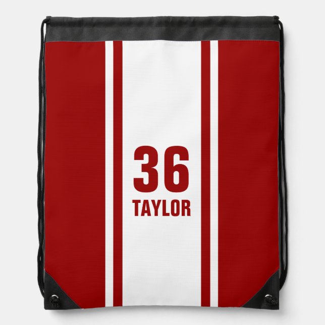 Red & White Racer Stripe Monogram Drawstring Bag (Front)