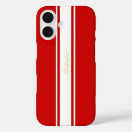 Red White Racing Stripes Gold Monogrammed Stylish iPhone 16 Case