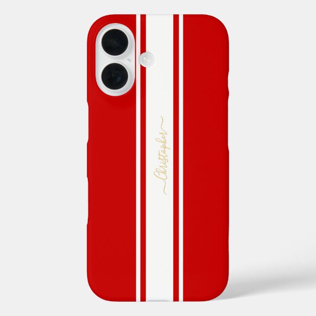 Red White Racing Stripes Gold Monogrammed Stylish Case-Mate iPhone Case (Back)