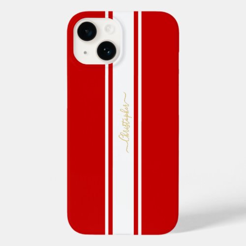 Red White Racing Stripes Gold Monogrammed Stylish Case_Mate iPhone 14 Case