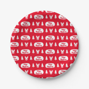 Red White Reindeer and Christmas Tree Pattern Paper Plates